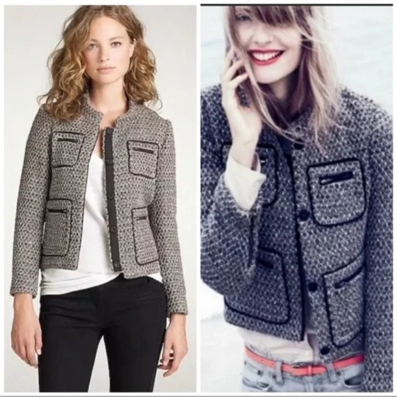 J.CREW metallic tweed & faux leather snap front blazer jacket tan cream black